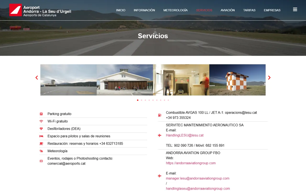 Página de servicios del aeropuerto en el ordenador