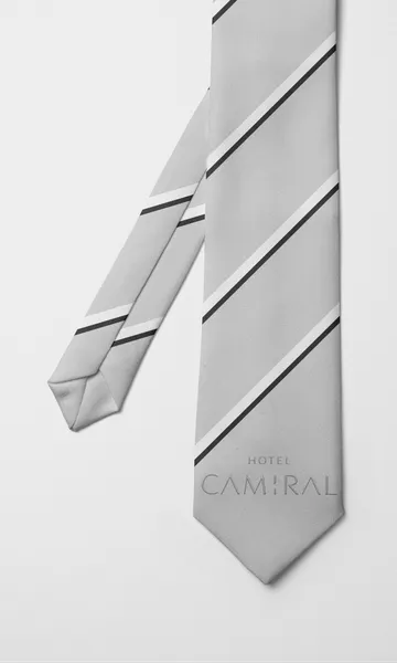 Corbata gris claro de rayas diagonales con el nombre Hotel Camiral