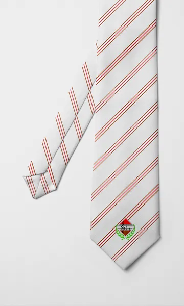 Corbata blanca de finas rayas rojas con el escudo del orfeón