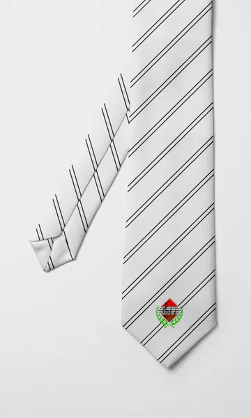 Corbata blanca de rayas diagonales negras con el escudo del orfeón