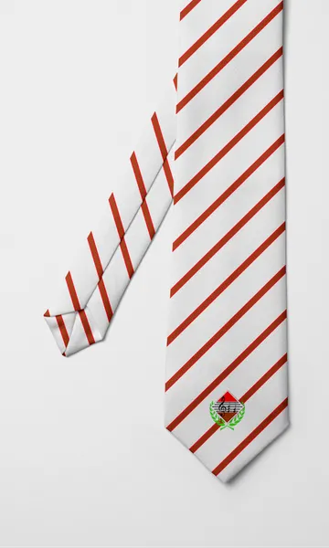 Corbata blanca de rayas rojas con el escudo del orfeón en la punta