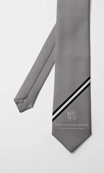 Corbata gris con una franja blanca y negra y el logotipo de PGA Catalunya