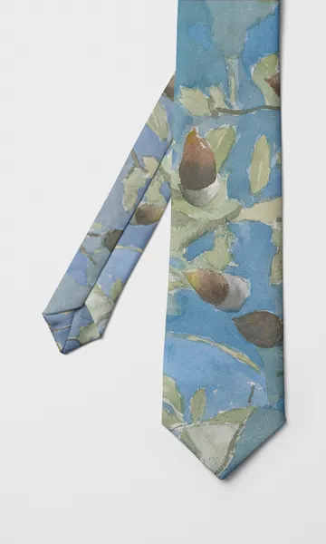 Corbata azul estampada con bellotas y hojas de encina