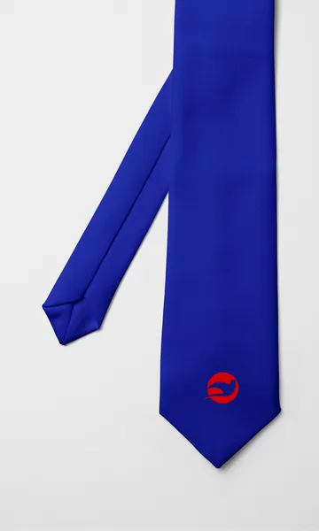 Corbata azul lisa con el logotipo rojo en la punta