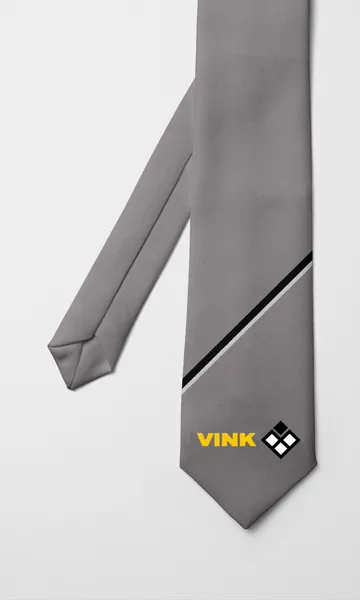 Corbata gris con una franja negra y el logotipo de Vink