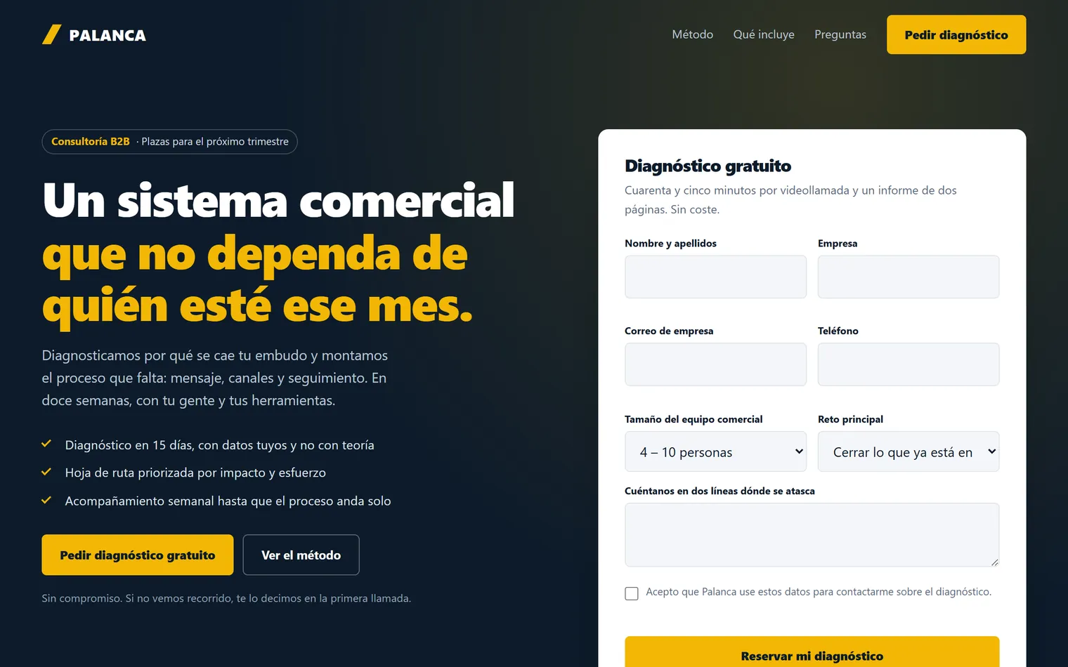 Landing de captación de Palanca, la consultora ficticia