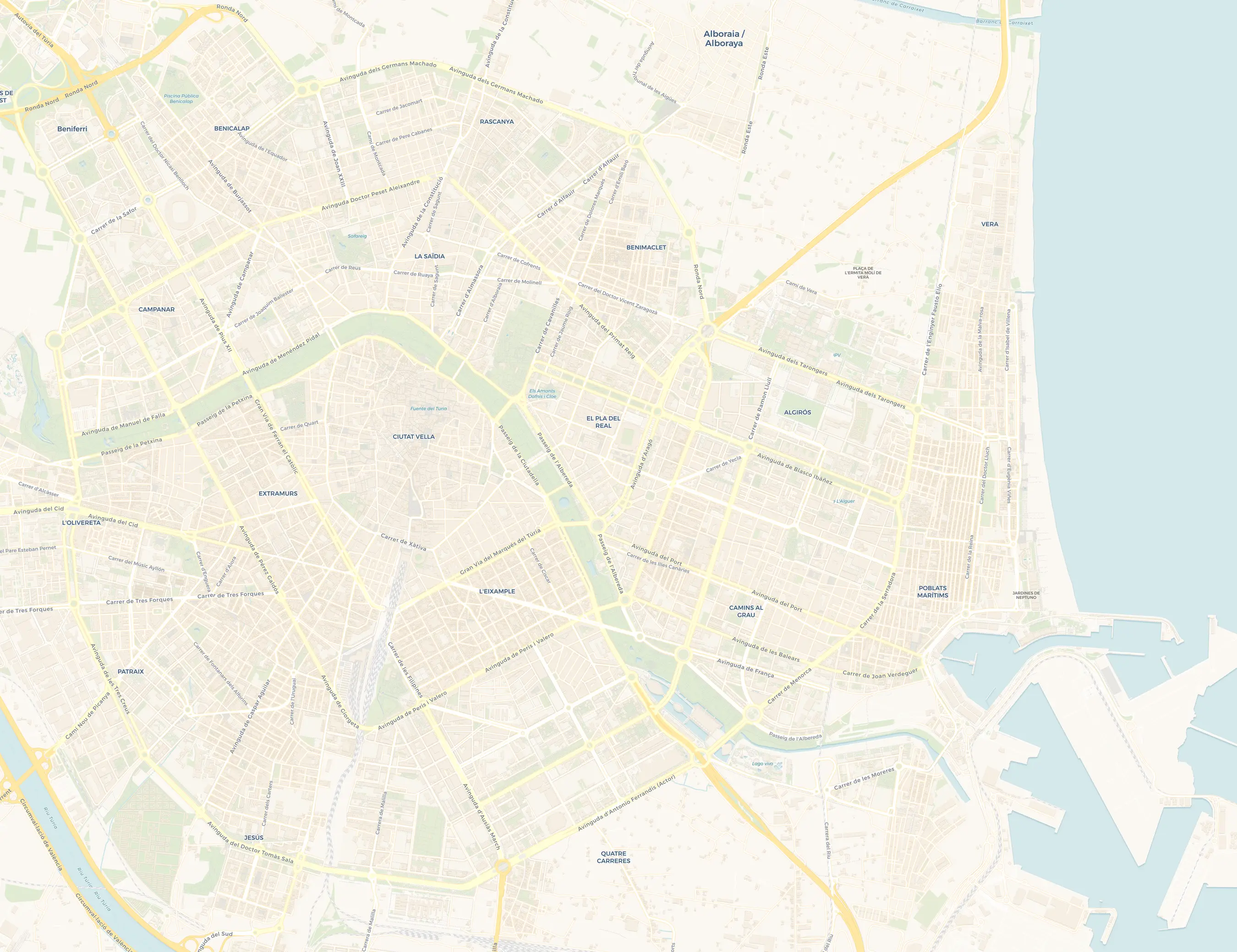 Plano de Valencia, del cauce del Turia a la playa