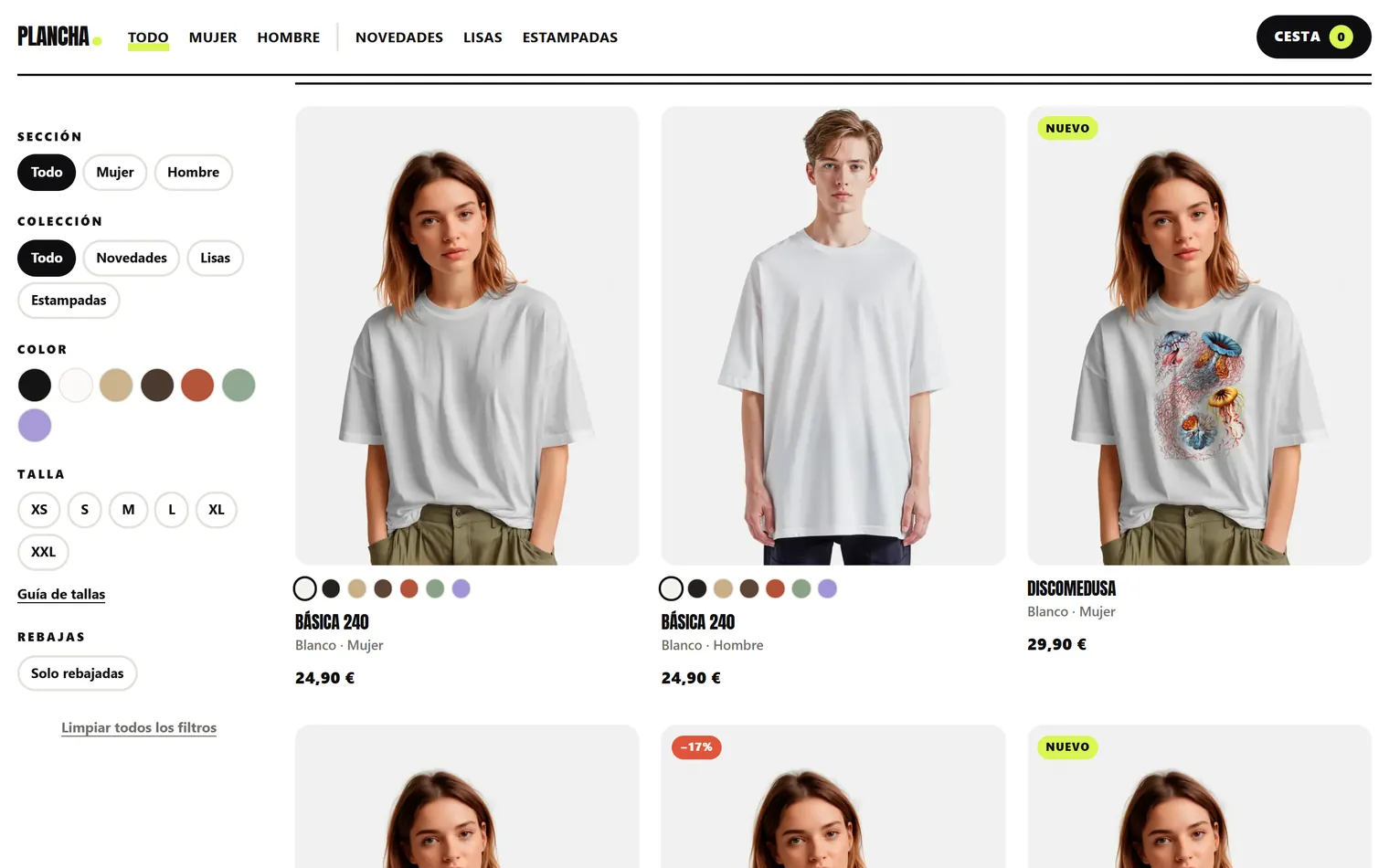 Catálogo de PLANCHA, la tienda de camisetas ficticia, con la básica en siete colores y las estampadas